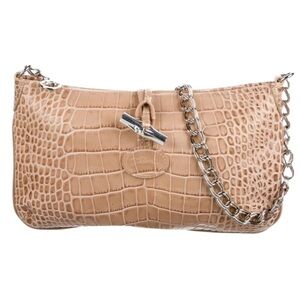 Longchamp Small Alligator Croc Embossed Chain Link Strap Roseau Shoulder Bag